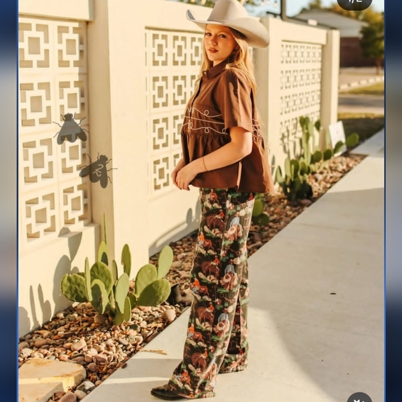 2 Fly Co. NWT Tres Rios Pants Cowboy Horse Western Printed Wide Pants Size XL - Picture 2 of 10